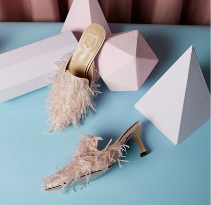 B-FEI fringed sandals slippers mules kitten heels-MUMT.