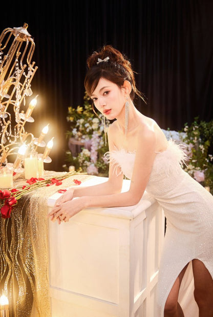 DOLLY White Feather Tube Top Sequin Slim Fit Long Dress-STEPH