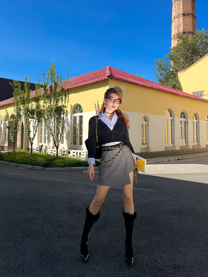 Le Palais Vintage Original  Irregular Long Woolen Houndstooth Skirt-Mma