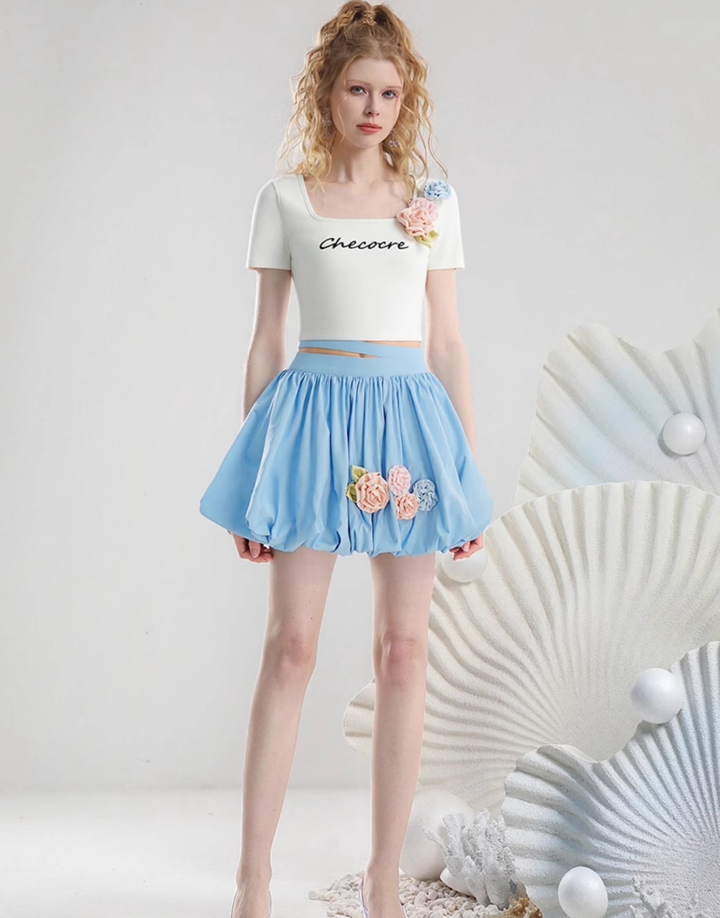 CHECOCRE summer fresh and cute color three-dimensional flower short sleeve T-shirt hood skirt - VAY.