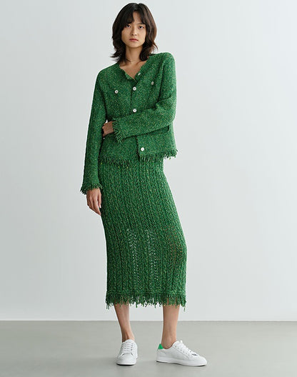 COMME MOI Lv Yan designer spring hollow small fragrance knitted cardigan jacket - IRIS.