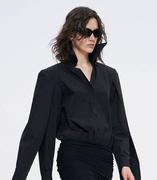 ANNAKIKI black double-sleeved needle shuttle spliced dress for women-FUMIHITO