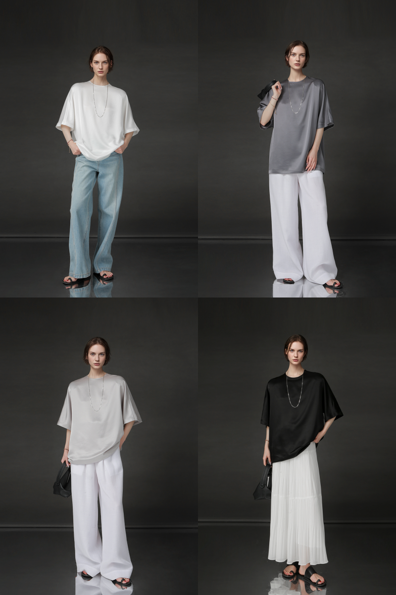 PIAOIN light luxury acetate satin glossy mid sleeve body shirt - CHARLOTTE