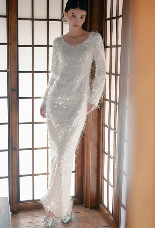 GOUDIN Long sleeved white engagement dress -MINA.
