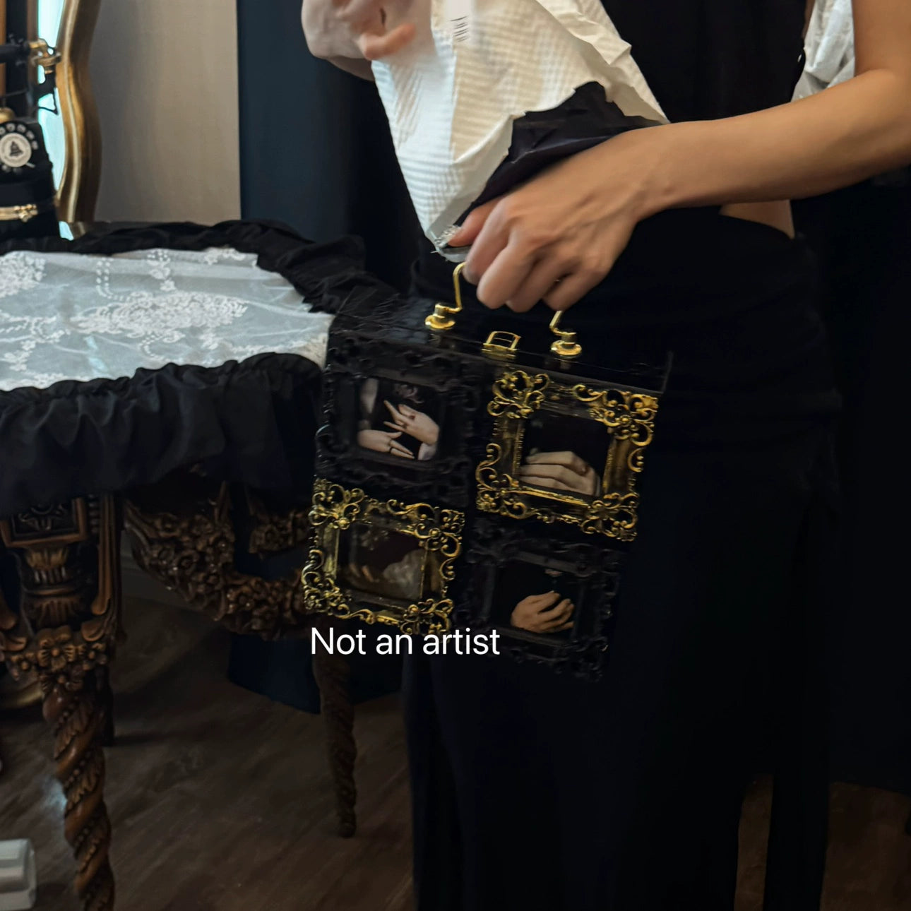 NOT AN ARTIST Vintage handmade black gold oil painting box clutch - MINQ