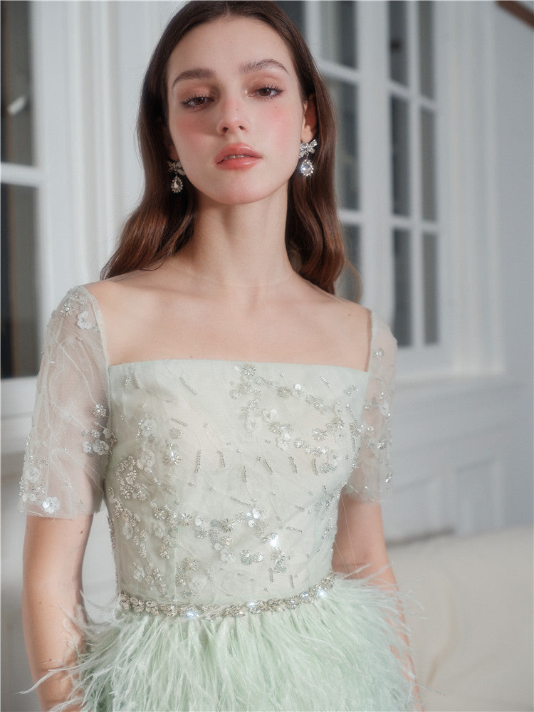 Wardrobes by Chen Luxury Mint Square Neck Lace Short Sleeve Cocktail Dress-Saint