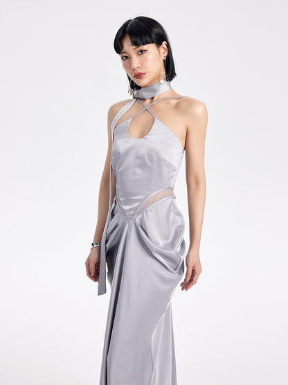 TINY IN satin irregular slip sleeveless hip pleated long dress -KING