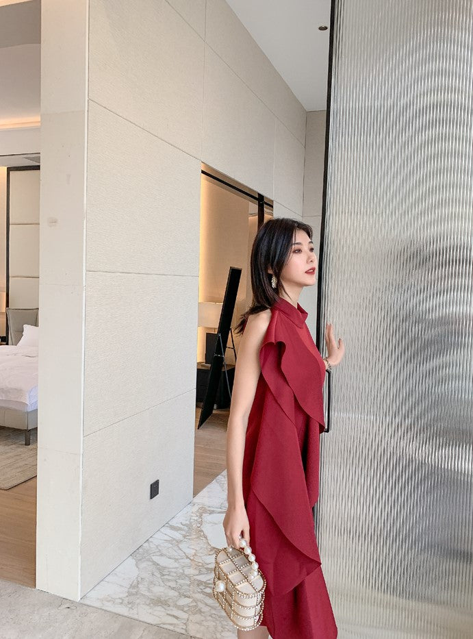 DOLLY Elegant Stand Collar Sleeveless Ruffle Midi Business Dinner Dress-RAINA