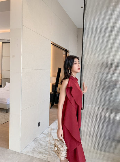 DOLLY Elegant Stand Collar Sleeveless Ruffle Midi Business Dinner Dress-RAINA