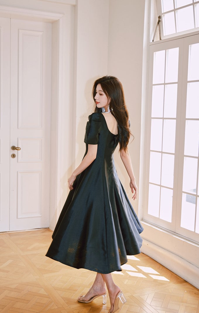 DOLLY Elegant Retro Square Neck Short Puff Sleeve Satin Long A-Line Dress-BAMBI