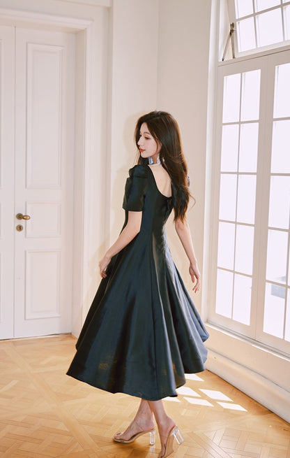 DOLLY Elegant Retro Square Neck Short Puff Sleeve Satin Long A-Line Dress-BAMBI