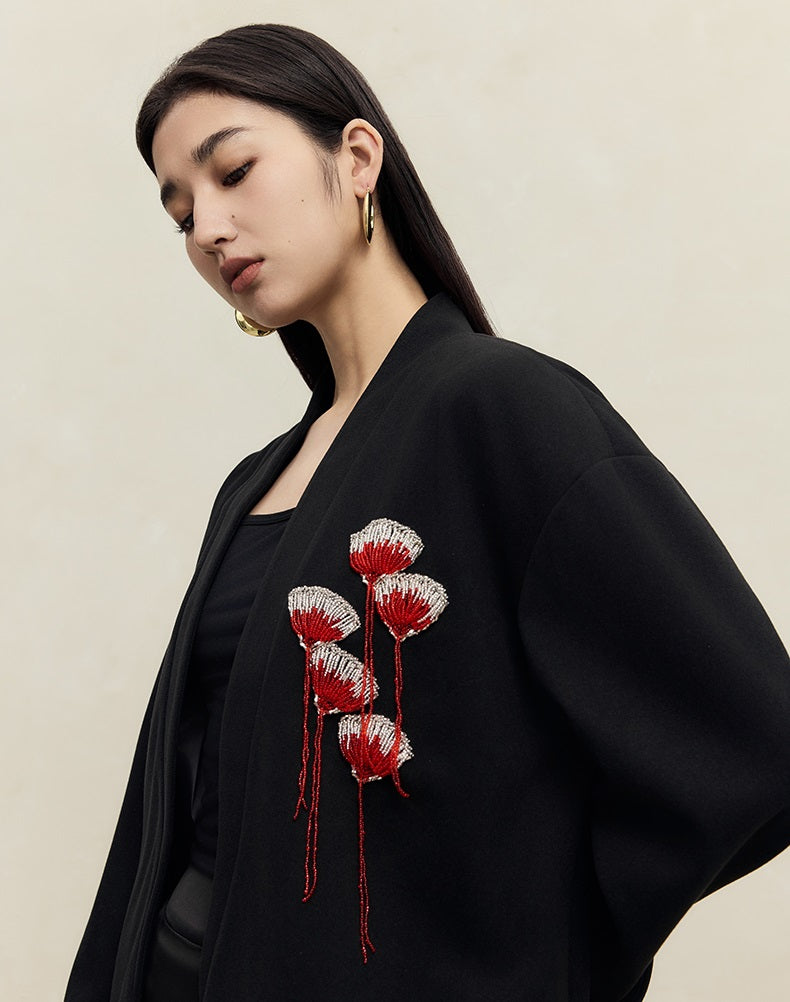 HECO Handmade Fan Bead Shoulder black white Blazer Women -sent.