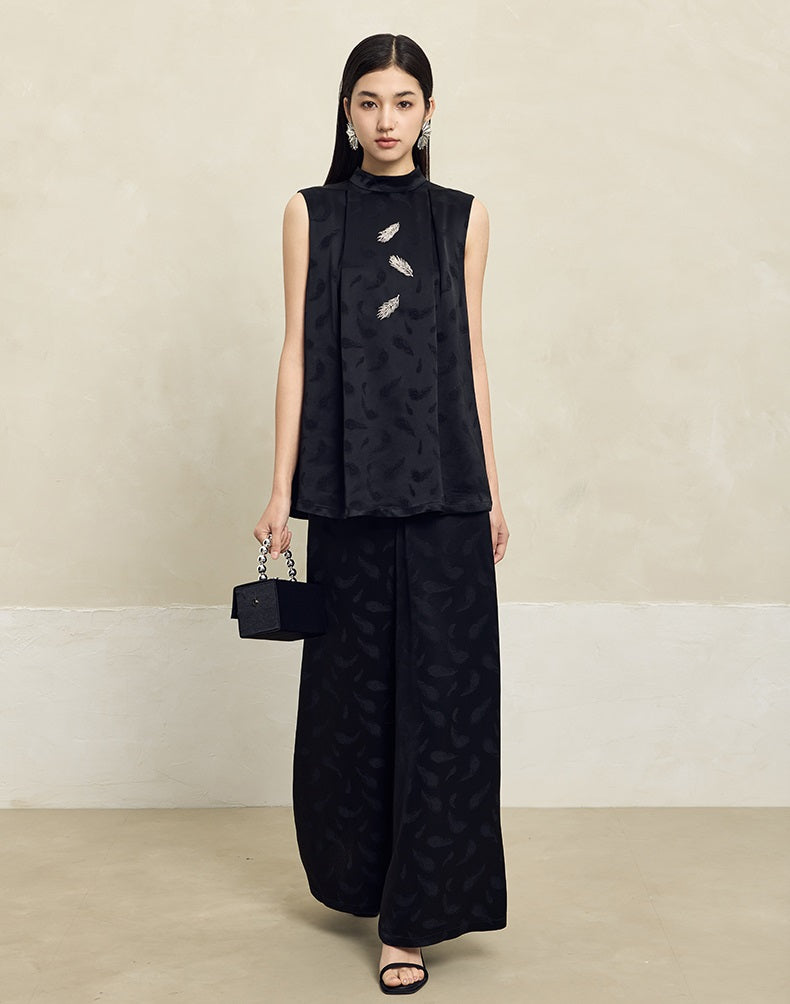 HECO Feather Jacquard Wide-leg Slacks Drape High-waisted Women - PRUDE