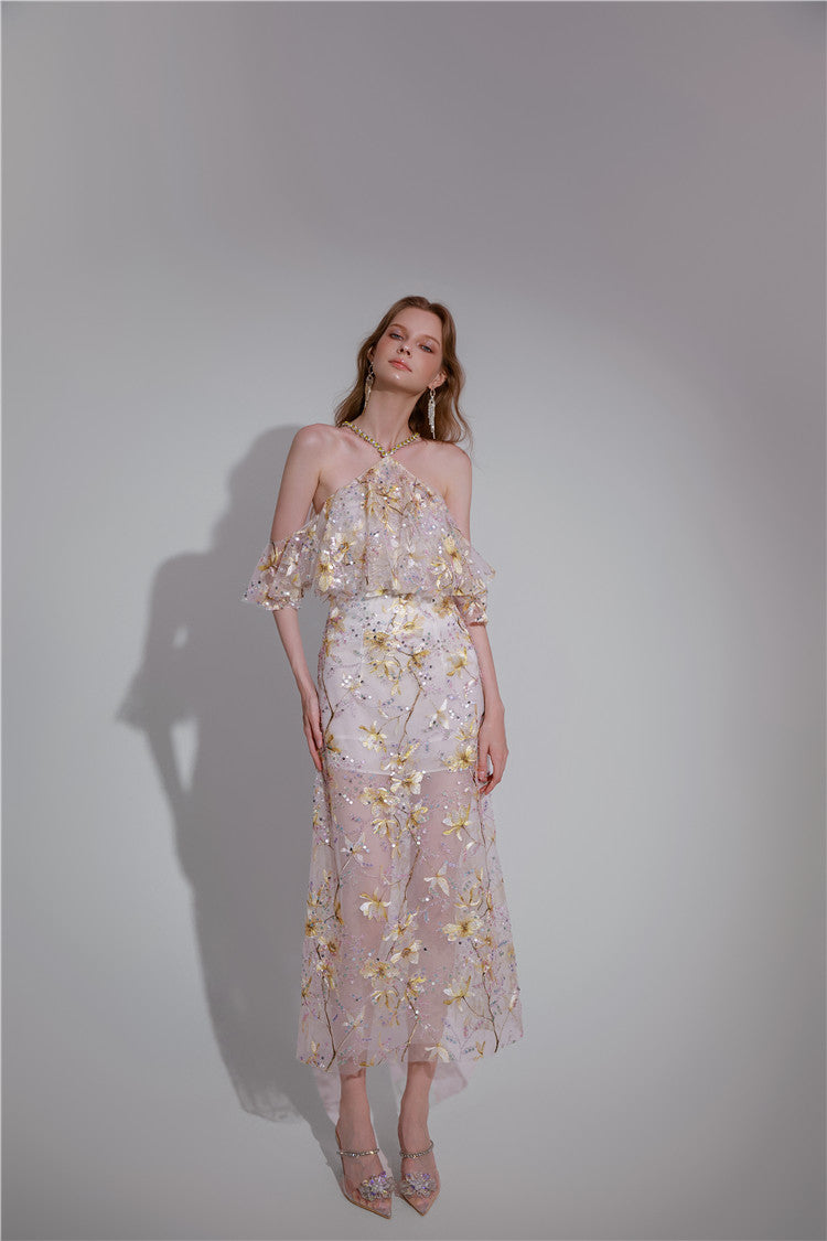 Wardrobes by Chen Elegant wedding guest Halter Sleeveless Lace bridal Dress- Megan