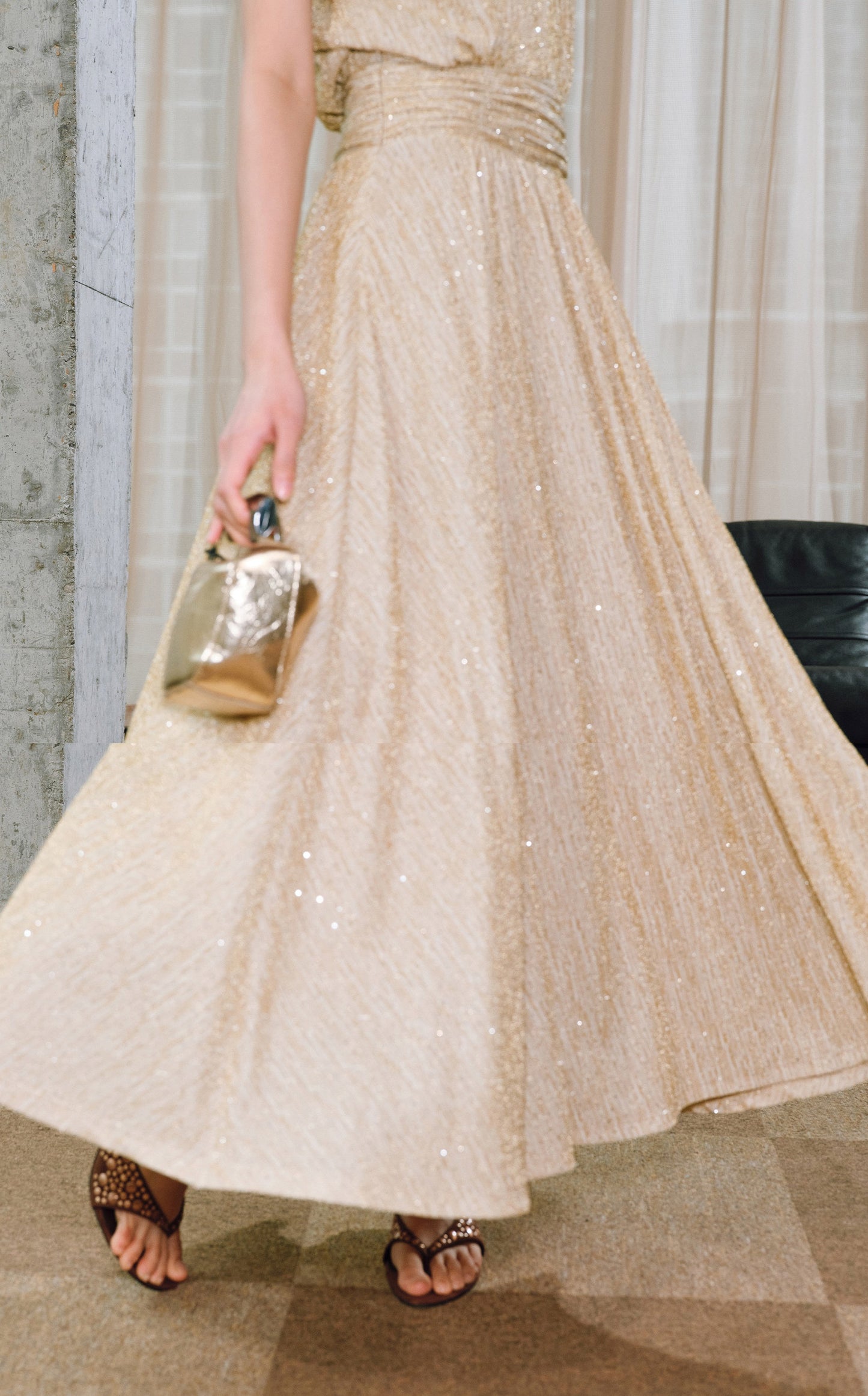 WANGXO | Extravagant Sparkling Meteor Diamond  Metallic Striped Umbrella Hem Sleeveless Dress -ZIVI