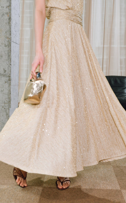 WANGXO | Extravagant Sparkling Meteor Diamond  Metallic Striped Umbrella Hem Sleeveless Dress -ZIVI