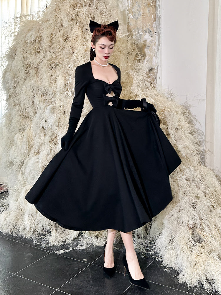 Le Palais Vintage Elegant Retro Long Sleeves Plain Mid Skirt Black  Long Cocktail Hem Dress-Aurora