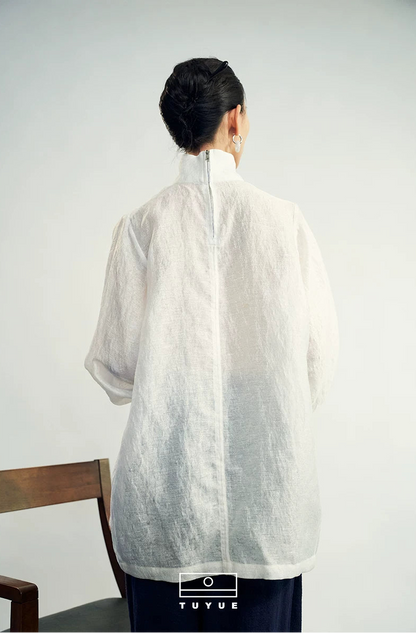 TUYUE White Linen Stand Collar Puff Sleeve Loose Silhouette Top-EVE
