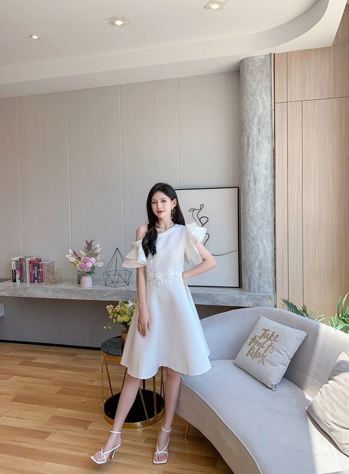 DOLLY Elegant White Slant Collar Short Ruffle Sleeves Midi A-Line Dinner Dress-CRYSTA