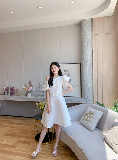 DOLLY Elegant White Slant Collar Short Ruffle Sleeves Midi A-Line Dinner Dress-CRYSTA