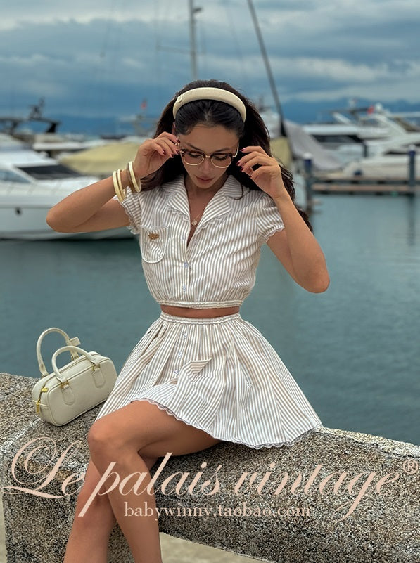 Le Palais Vintage  Sweet and Spicy Girly Short Puff Sleeve Shirt High Waist Pumpkin Shorts-QUINN