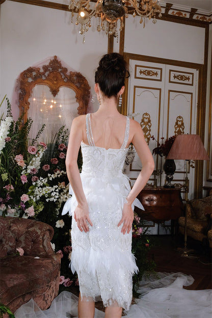 Wardrobes by Chen Luxury Whitebridal  Feather Slit Dinner Dress-Ammy