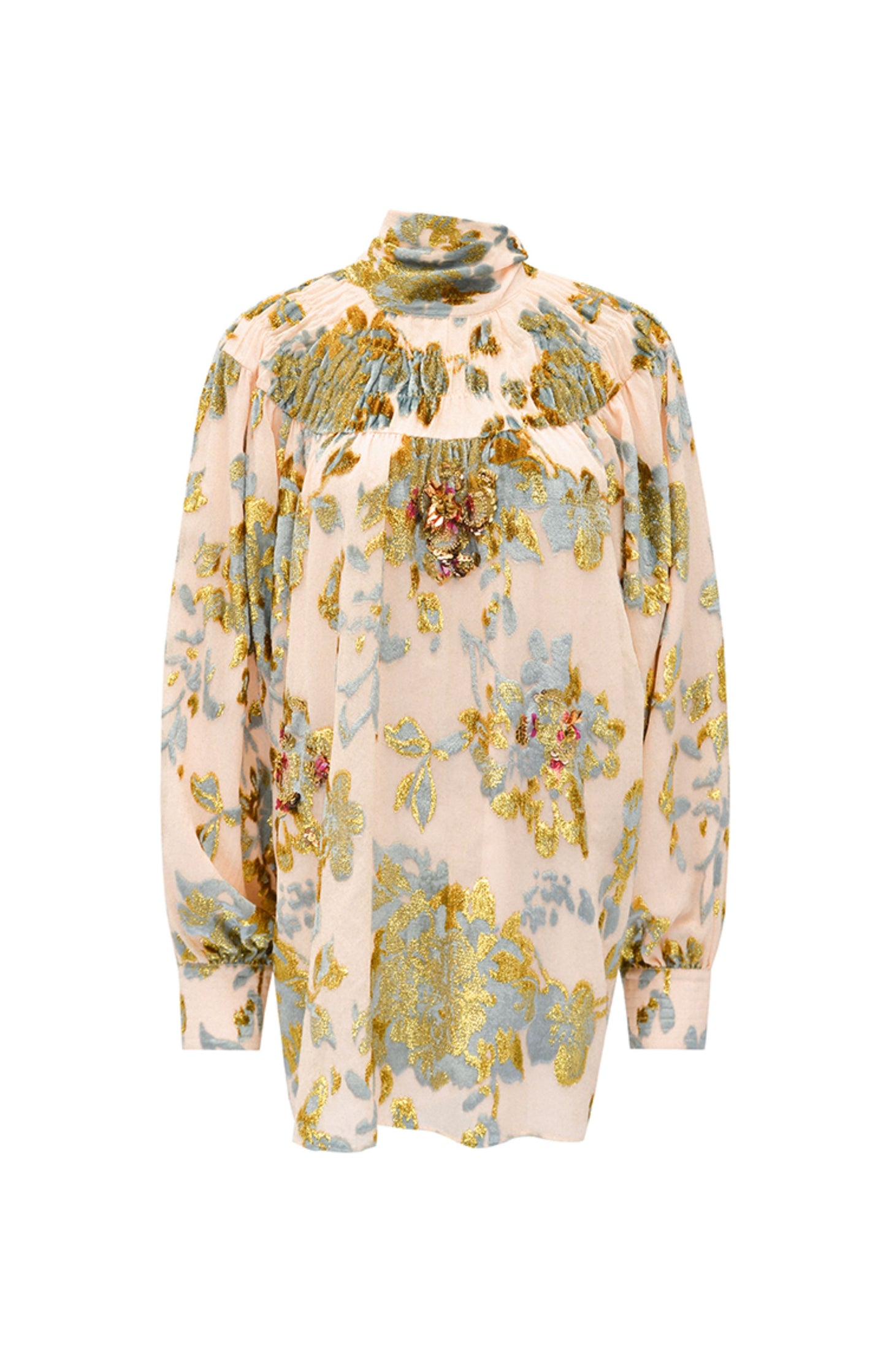 M essential Mackay designer Qili burnt floral velvet dense pleated lace-up loose top - PETER.