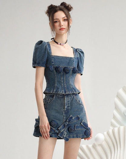 CHECOCRE Stubble sweet suit hakam three-dimensional rose retro fashionable denim skirt - VAIN.