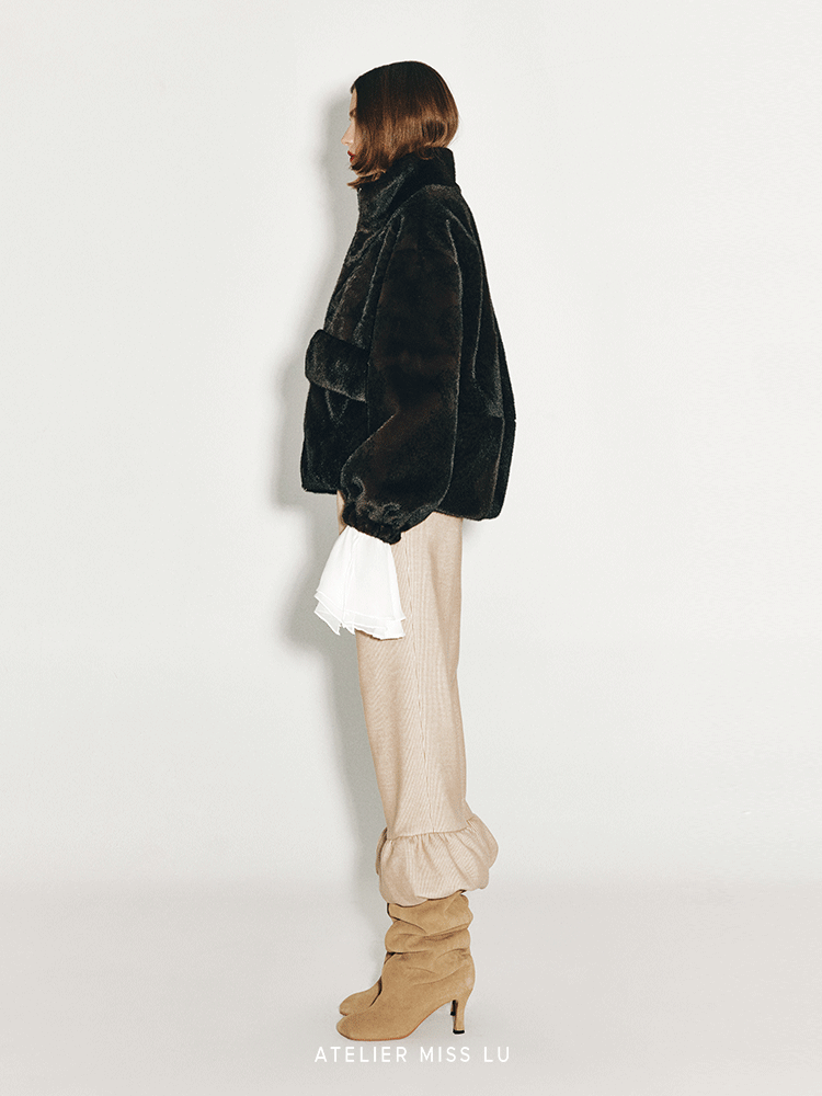 ATELIER MISS LU Large Pocket Design Faux Fur Zip Jacket - SAMPSON.