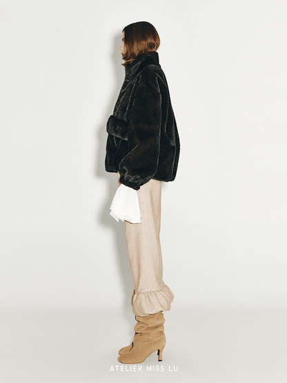 ATELIER MISS LU Large Pocket Design Faux Fur Zip Jacket - SAMPSON.