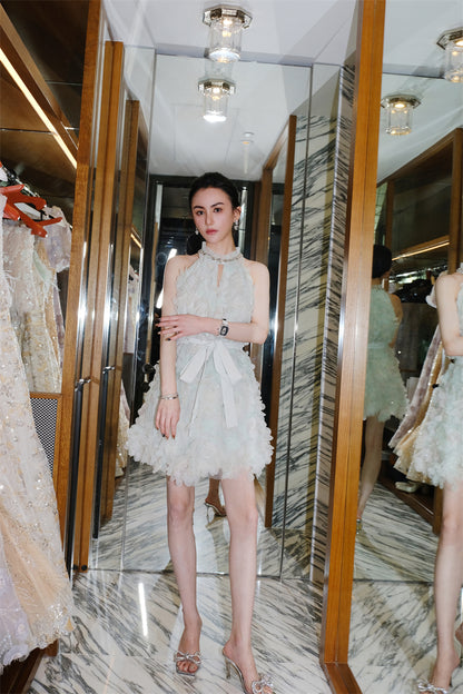 Wardrobes by Chen Luxury Pastel Green Ribbon Floral wedding guest bridal Dress-Onna