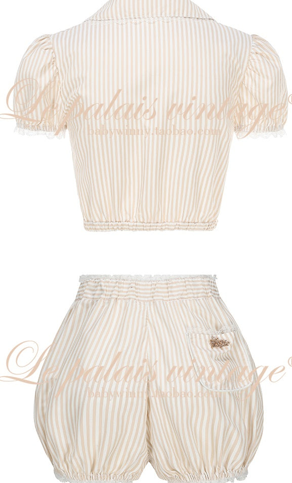 Le Palais Vintage  Sweet and Spicy Girly Short Puff Sleeve Shirt High Waist Pumpkin Shorts-QUINN