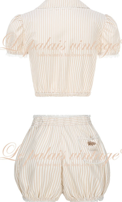 Le Palais Vintage  Sweet and Spicy Girly Short Puff Sleeve Shirt High Waist Pumpkin Shorts-QUINN