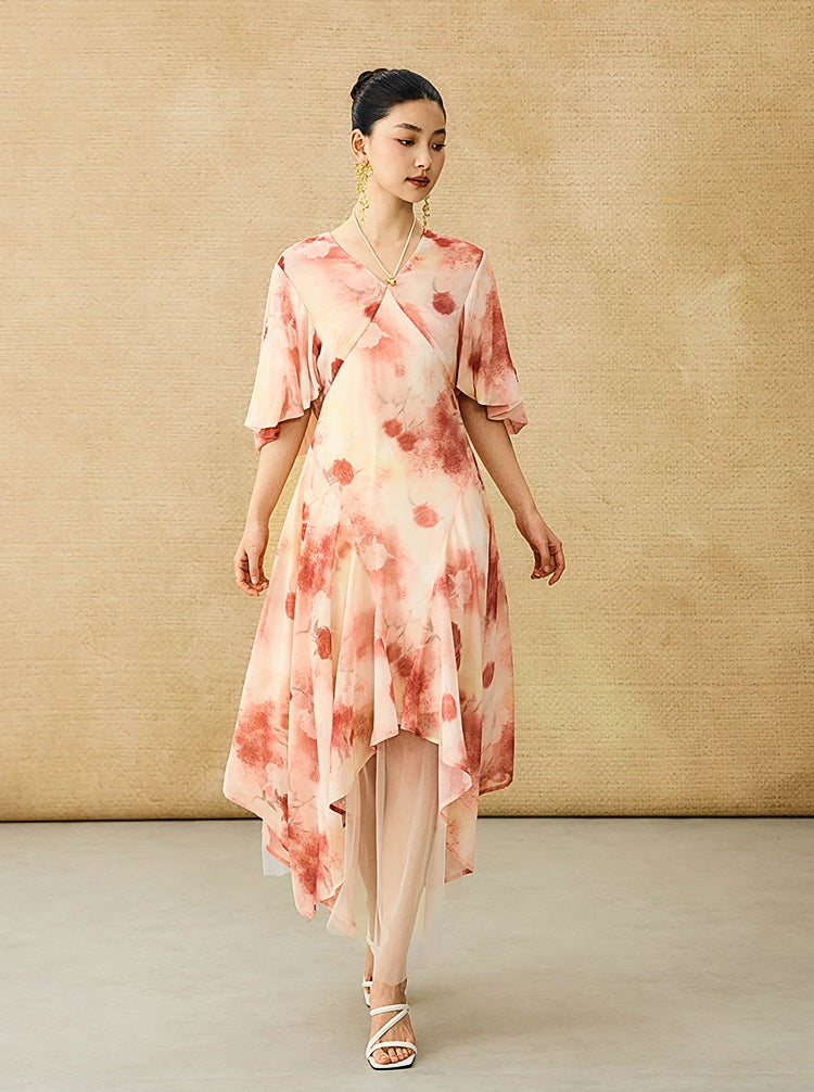 HECO Chinese Floral V-neck Asymmetric Hem Long Dress - DOMINION.