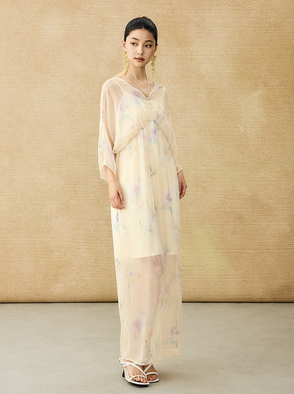 HECO Chinese Resort Style Flowing V-neck Dress - STONE.