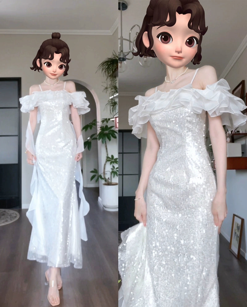 DOLLY Elegant White Off Shoulder Sequin Ruffled Tube Top Banquet Dress-ALICIA