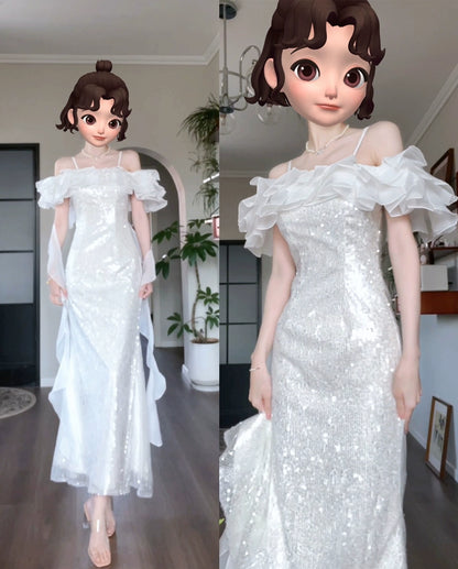 DOLLY Elegant White Off Shoulder Sequin Ruffled Tube Top Banquet Dress-ALICIA