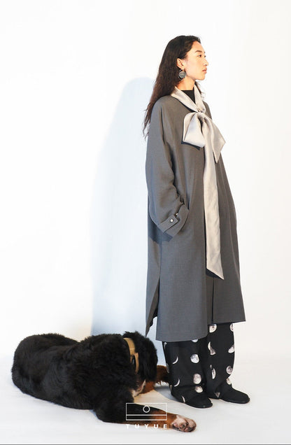 TUYUE Grey silhouette silk streamer long trench coat - CHRIS.