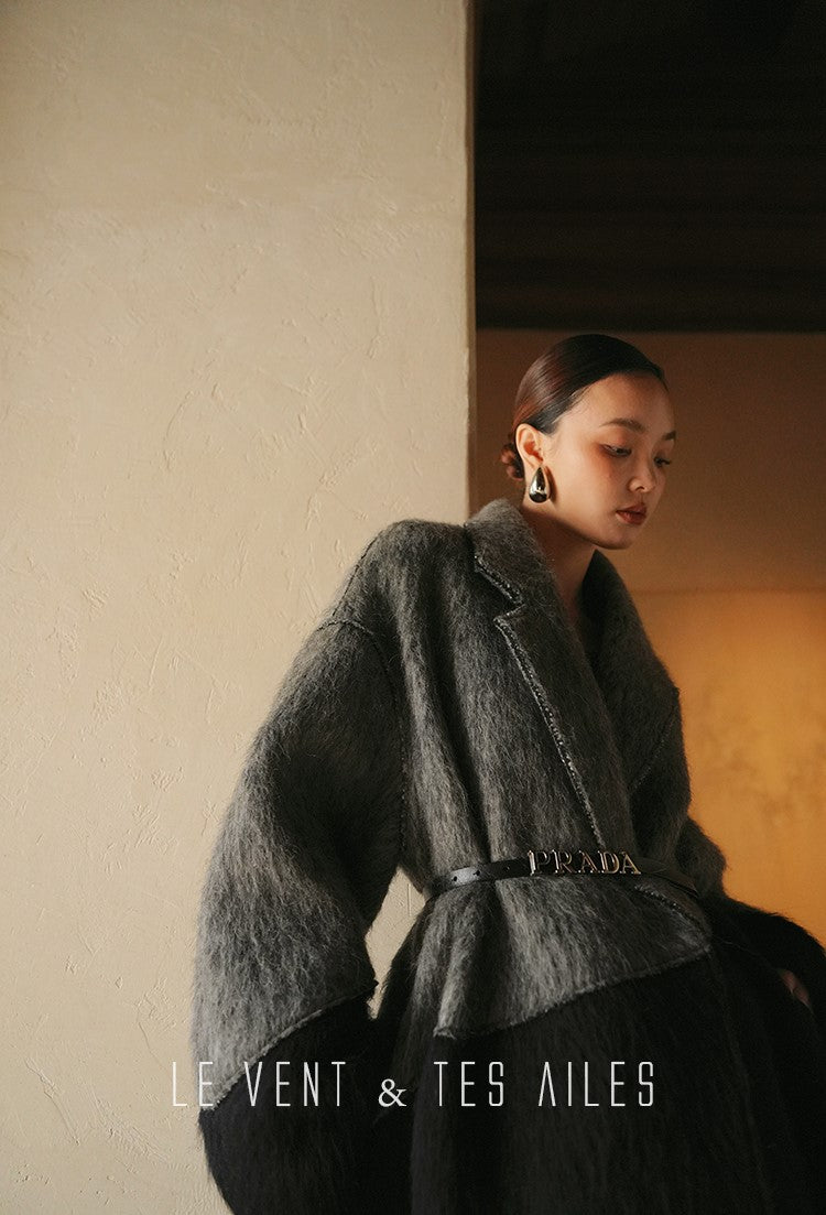 LE VENT&TES AILES French luxury fine long color-block wool coat -ALEC.