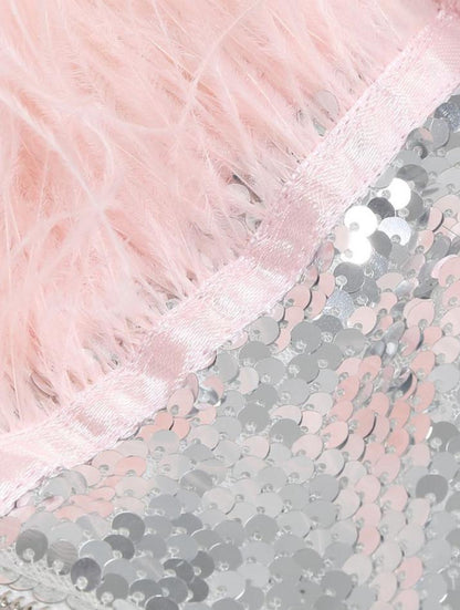 DOLLY Elegant Sliver Off Shoulder Pink Feather Tube Top Midi Dinner Dress-LALYA