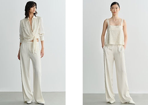 COMME MOI Lu Yan designer's new texture splicing satin straight-leg pants  -FAITH.