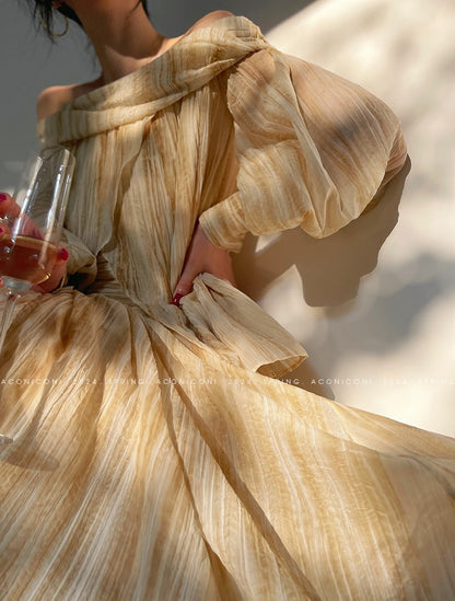 Aconiconi Elegant Wave Pattern Long Sleeve Loose Wedding Guest Dress- Dune