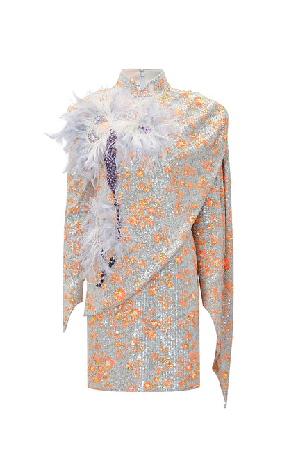 M essential Mackay designer vermilion embroidery iris ostrich feather bead dress - GINA.