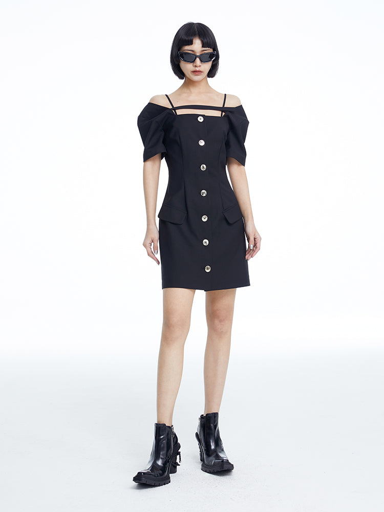 TINY IN dropped shoulders short sleeve square neck little black dress -JAJA