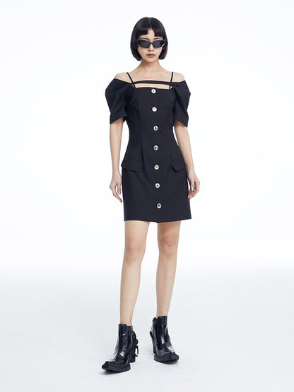 TINY IN dropped shoulders short sleeve square neck little black dress -JAJA