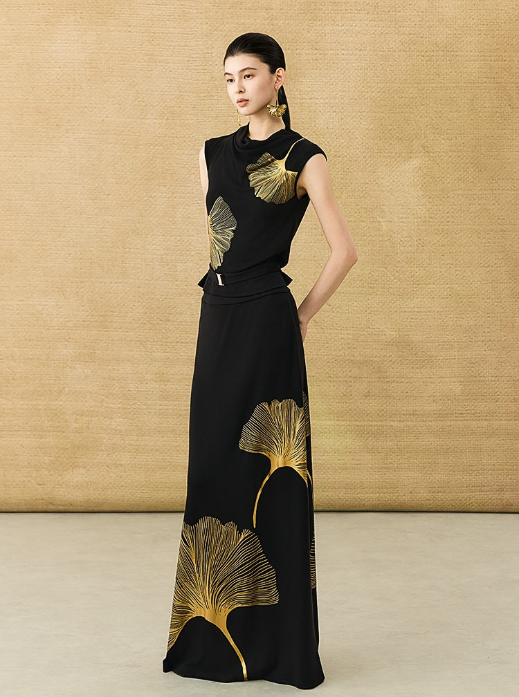 HECO Chinese Style Elegant Swing Neck Sleeveless Ginkgo Biloba Print T-Shirt - BOBA.