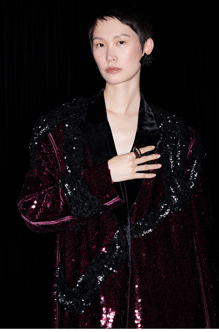 M essential Mackay designer beaded belt wide-shoulder sequins coat skirt set- Rae.