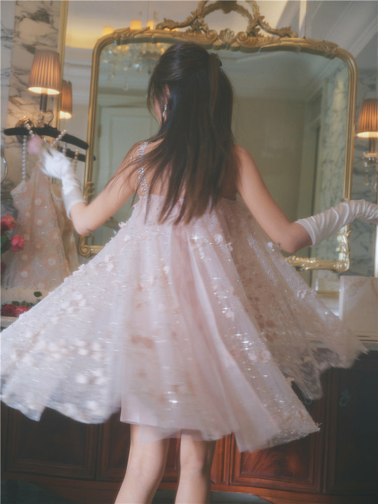 Wardrobes by Chen Luxury Pink Flower Embroidered Loose doll Party Dress-Zola