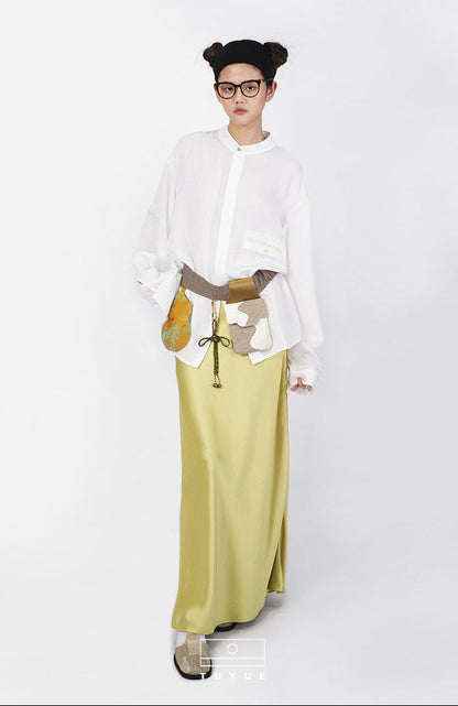 TUYUE white linen loose crew neck long-sleeved shirt - HOPPER.