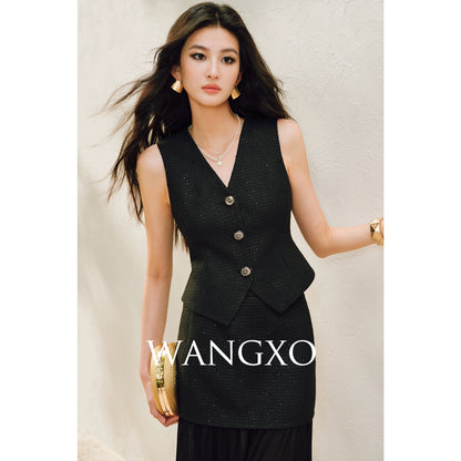 WANGXO |Light Georgette V-Neck Vest & Flowing  Skirt Suit Set-RINA